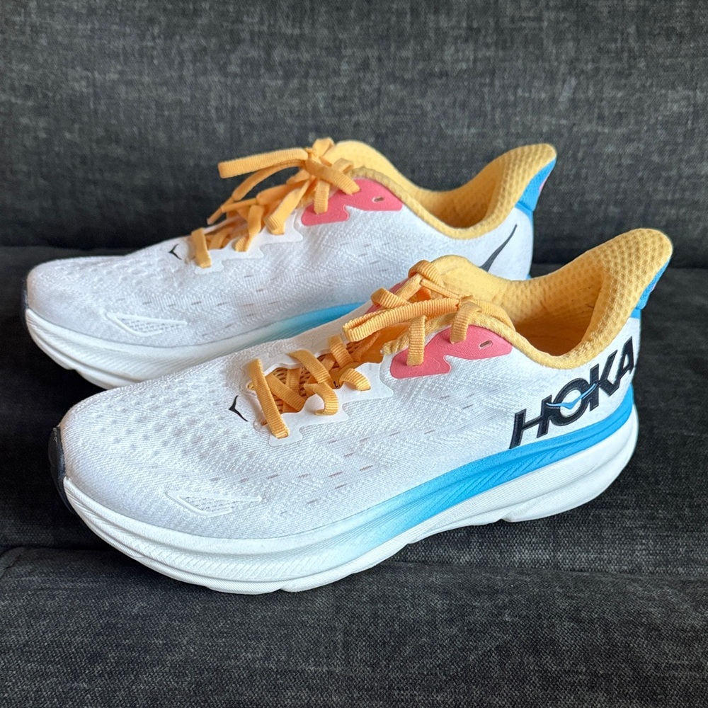 Hoka Clifton 9 White and Blue Sneakers with Yellow Accents